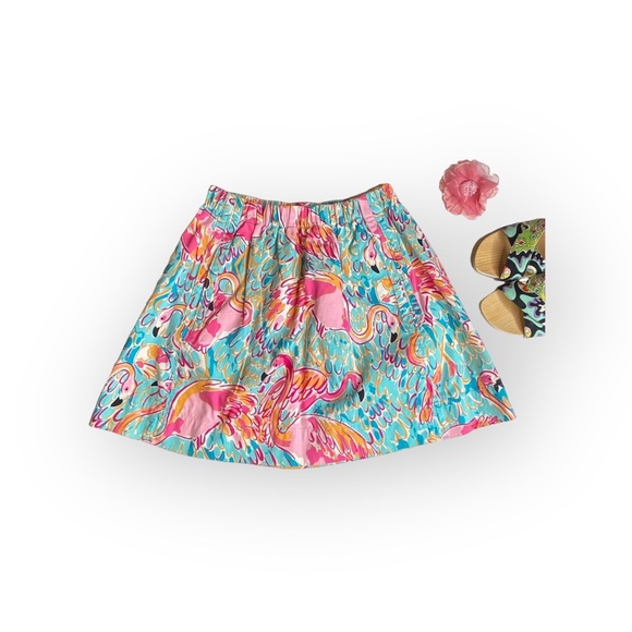 new Lilly Pulitzer 𑁍 Peel + Eat Flamingo Print Mini Skirt 𑁍 Teal Pink 𑁍 XS 𑁍 - Picture 2 of 16